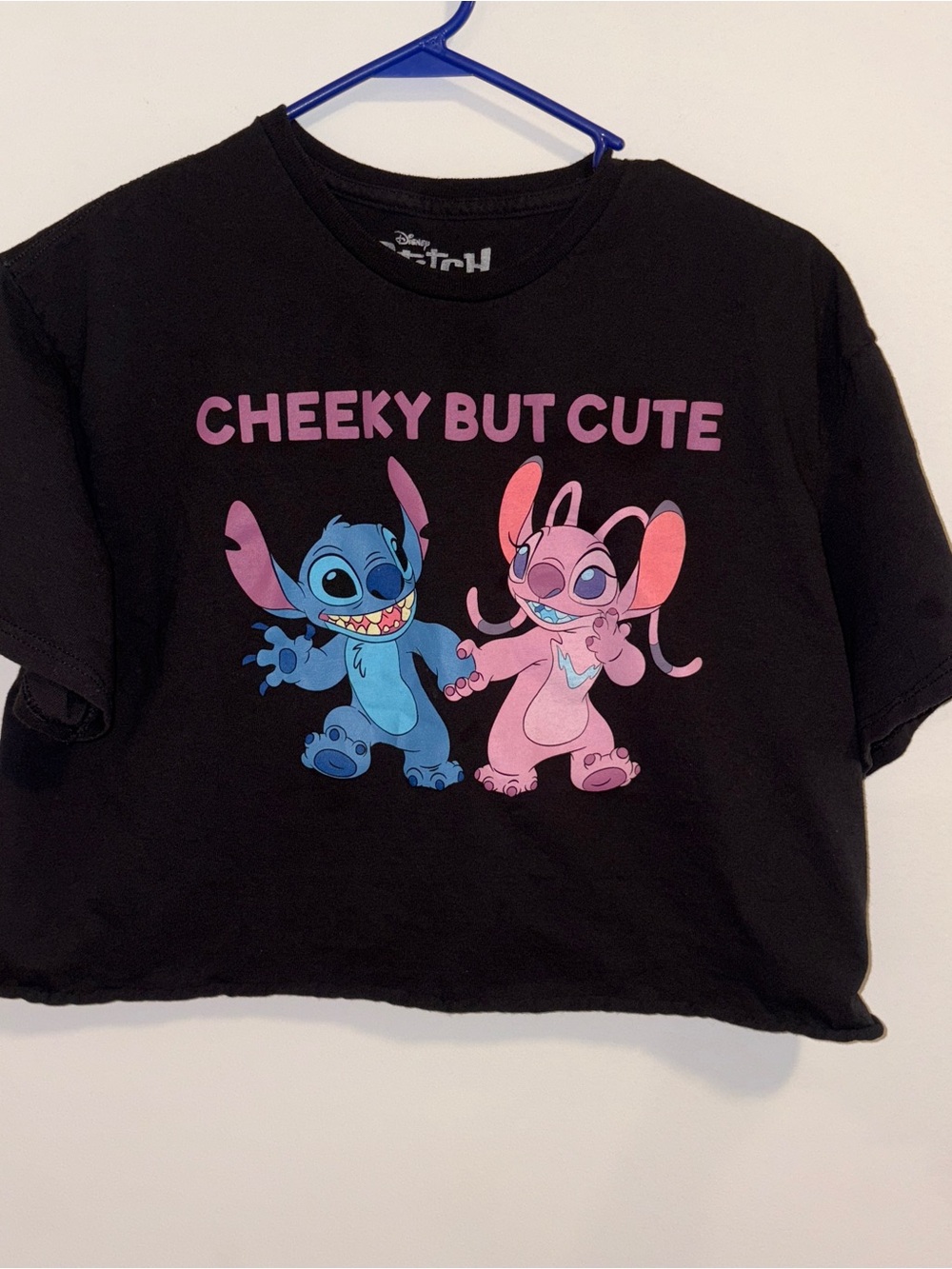 Disney Black Crop Top with Blue & Pink Stitch 'Cheeky But Cute' Size: L